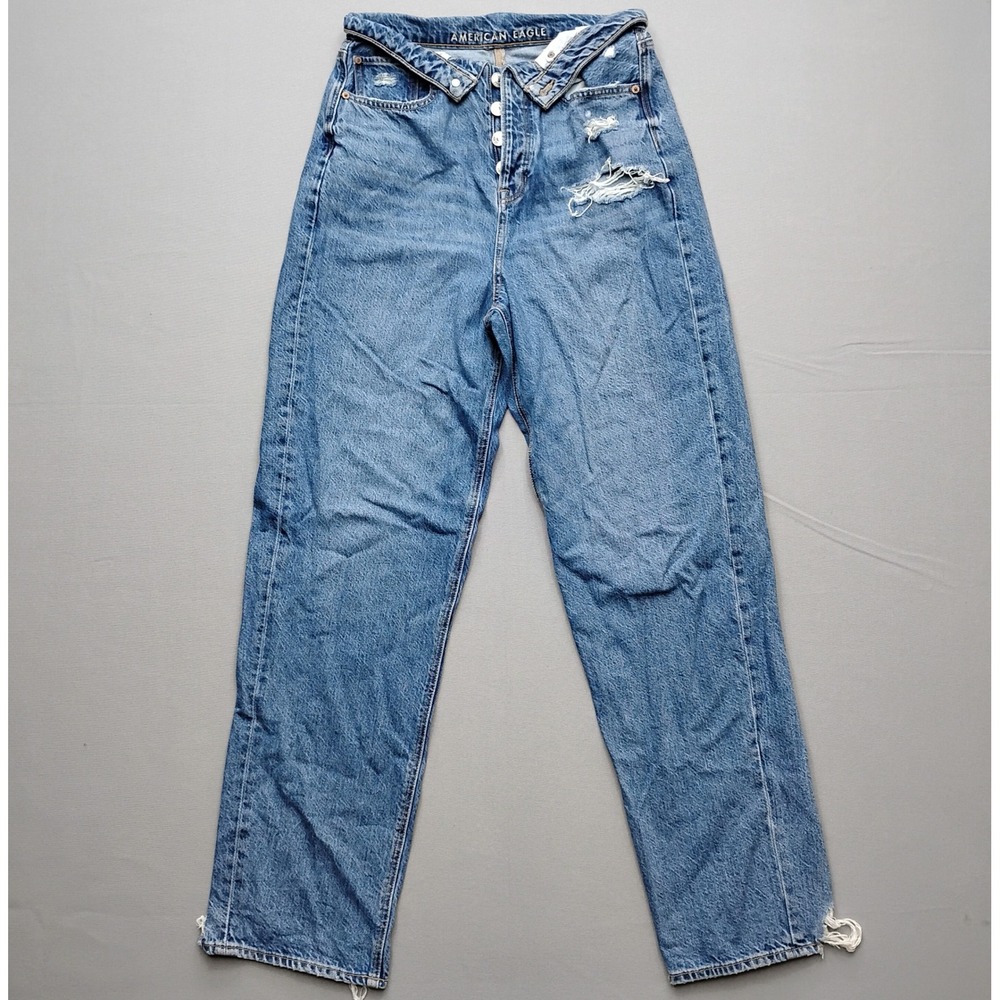 American Eagle Womens 8 Foldover High Rise Distressed Straight Leg Jeans Blue